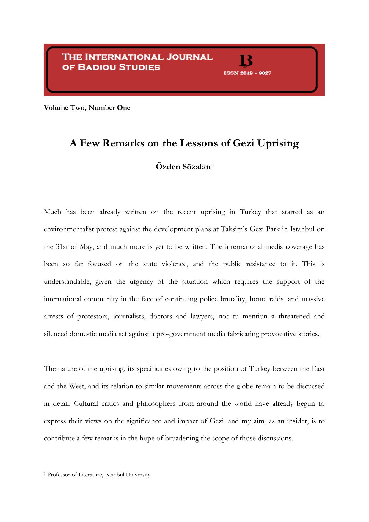 A Few Remarks on the Lessons of Gezi Uprising