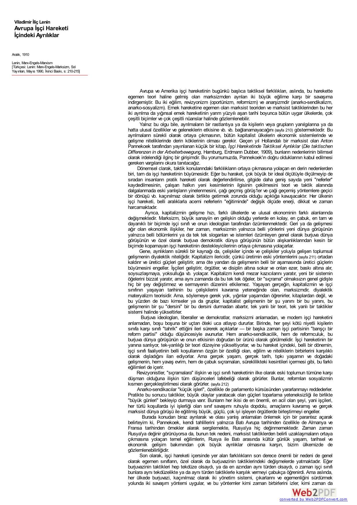 Lenin: Avrupa İşçi Hareketi İçindeki Ayrılıklar