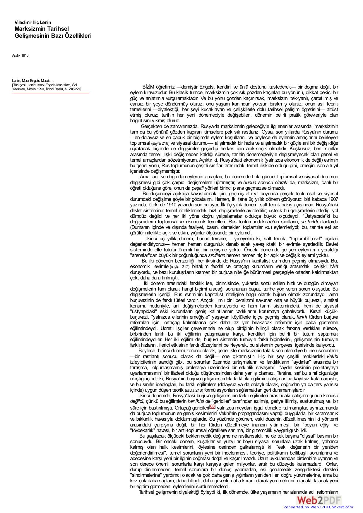 Lenin: Marksizmin Tarihsel Gelişmesinin Bazı Özellikleri kitap kapağı