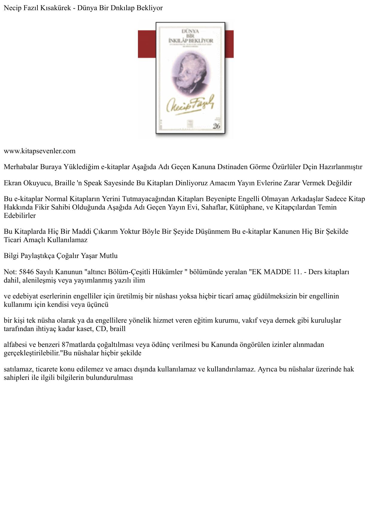 Necip Fazıl Kısak rek _ D nya Bir İnkilap Bekliyor kitap kapağı