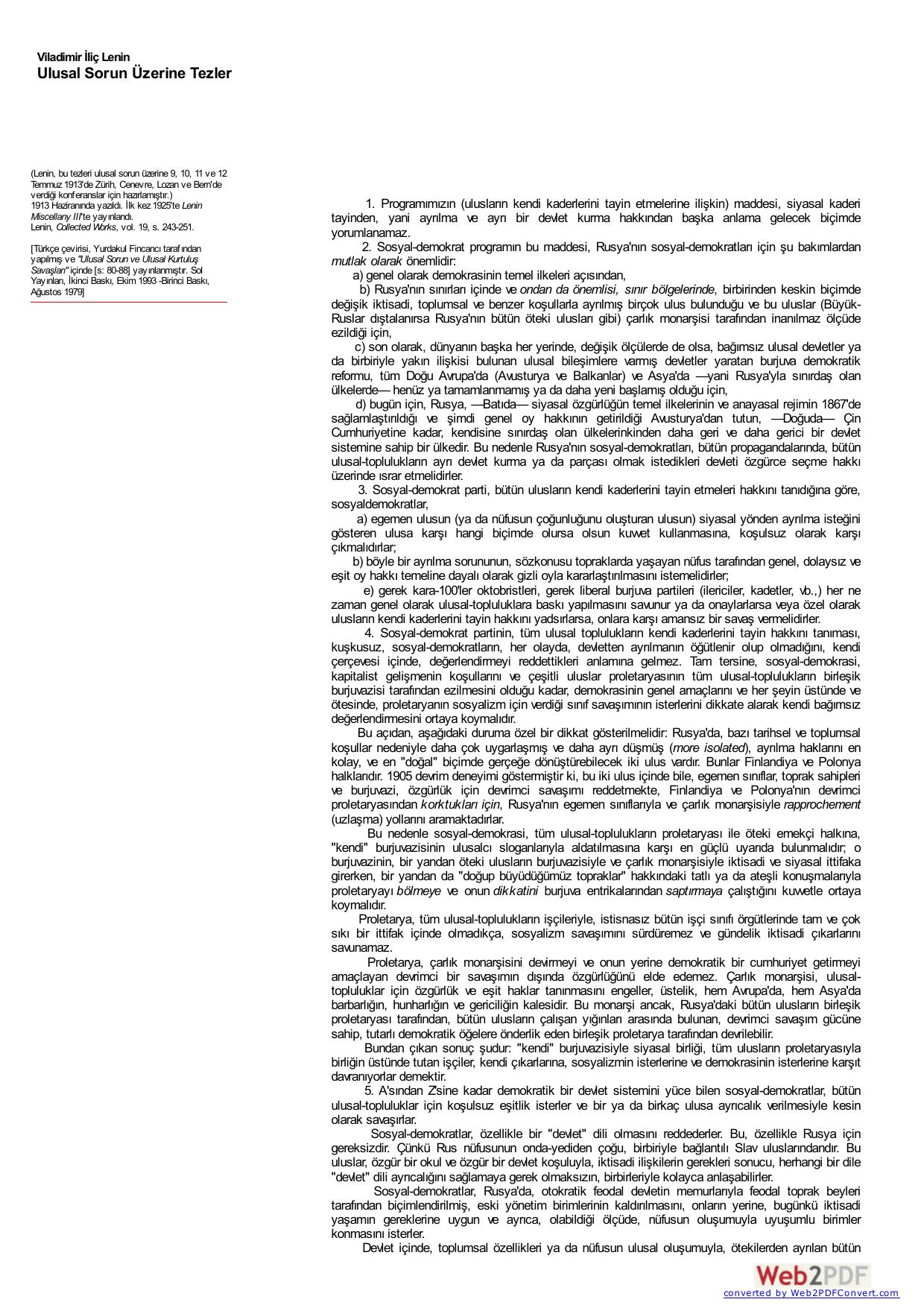 Lenin: Ulusal Sorun Üzerine Tezler