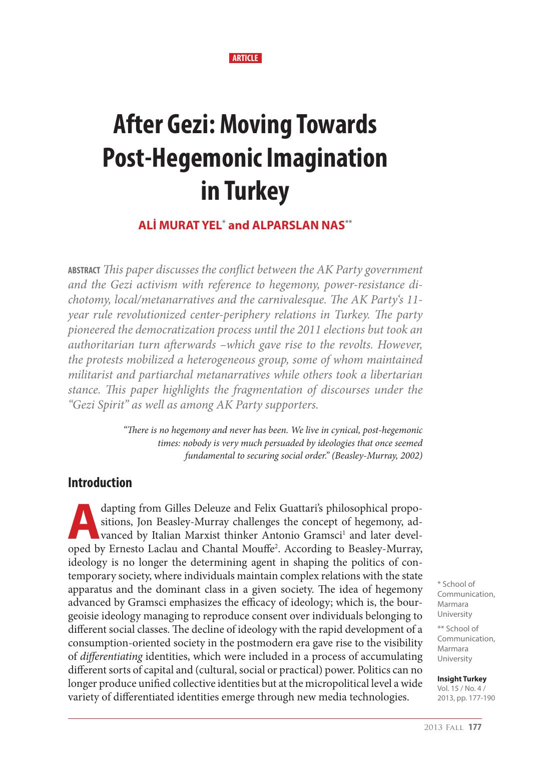 After Gezi Moving Towards Posthegemonic imagination in turkey vol 15 no 4 2013 yelnas