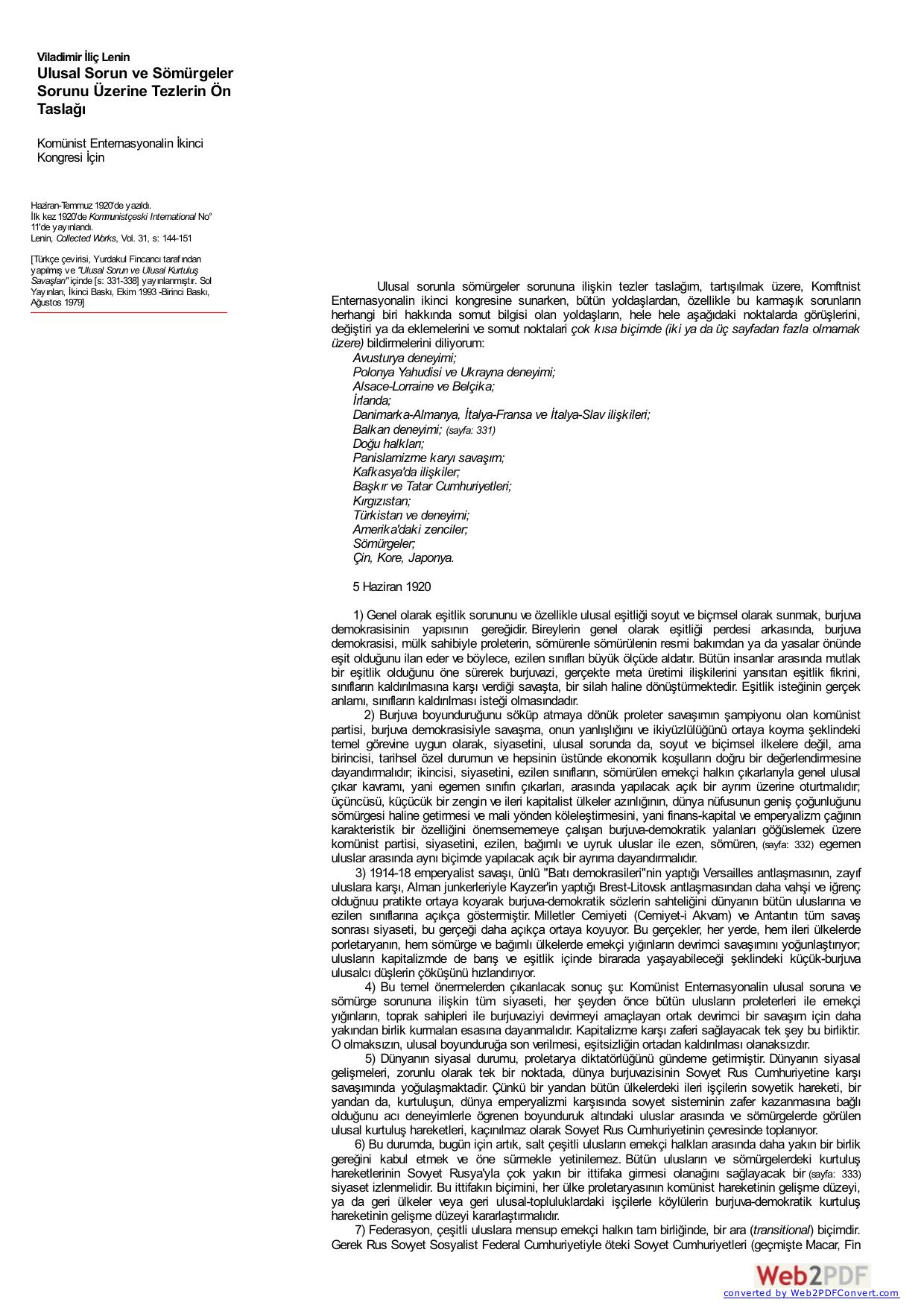 Lenin: Ulusal Sorun ve Sömürgeler Sorunu Üzerine Tezlerin Ön Taslağı kitap kapağı