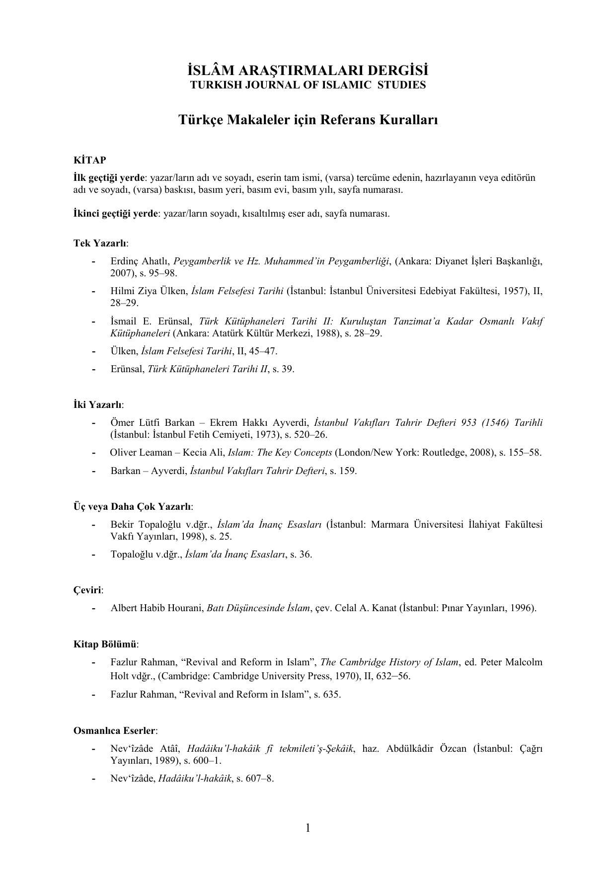 Microsoft Word - Islam Arastirmalari Dergisi - Turkce makaleler referans kurallari_7.2.2013.rtf