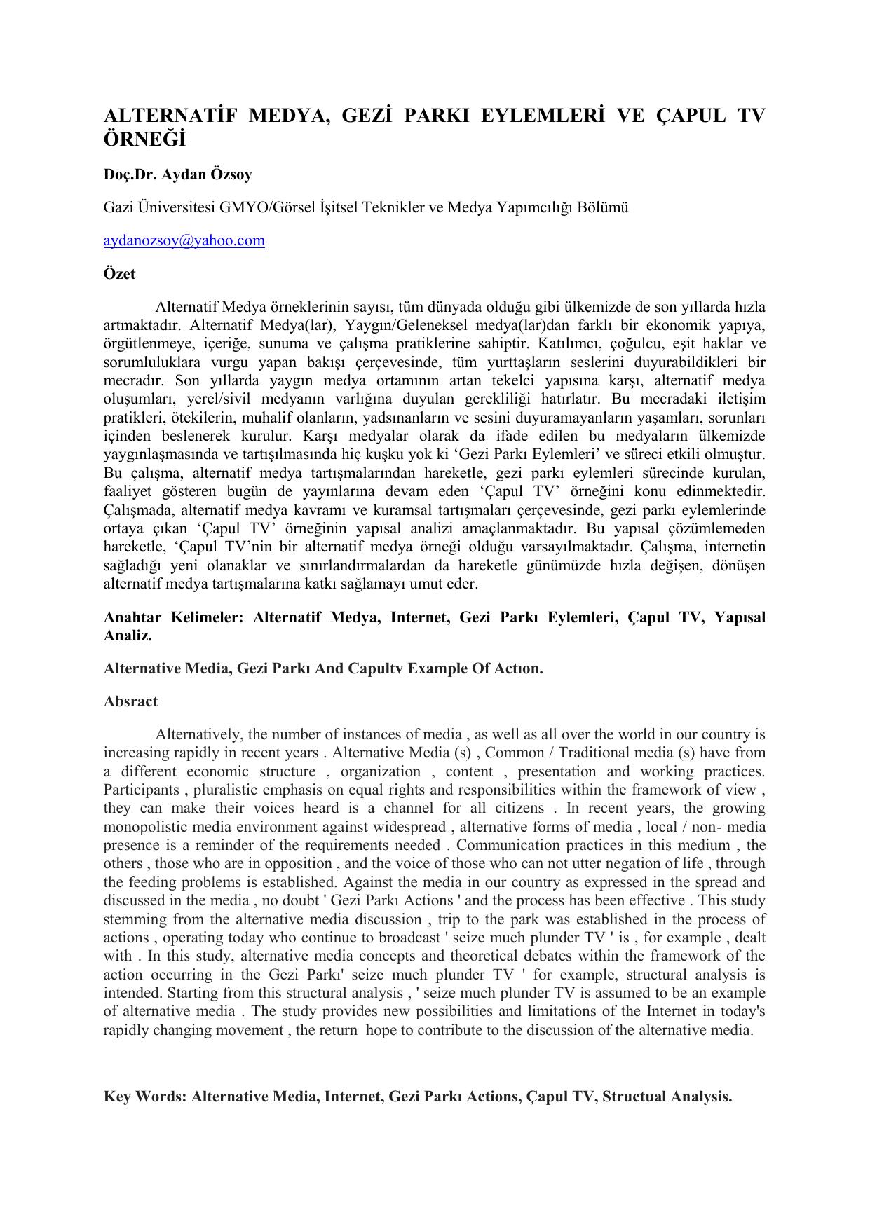 ALTERNATİF MEDYA, GEZİ PARKI EYLEMLERİ VE ÇAPUL TV ÖRNEĞİ