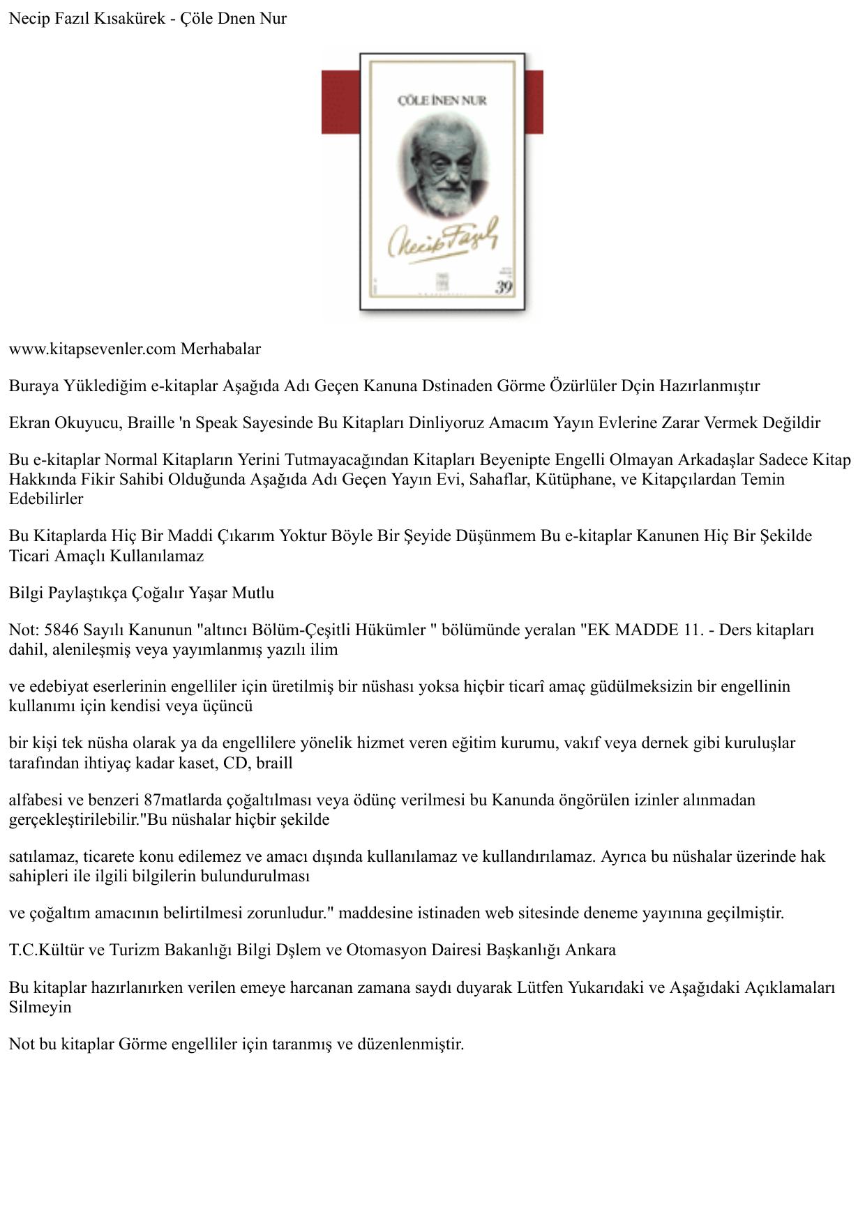 Necip Fazıl Kısak rek _ le İnen Nur kitap kapağı