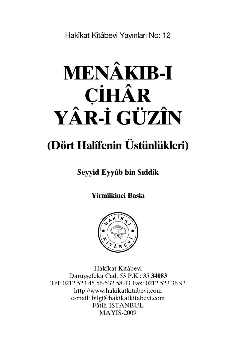 Menakıb-ı Çihar Yar-ı Güzin: (Dört Halifenin Üstünlükleri)